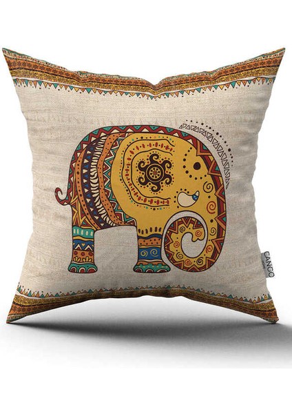 Krem Etnik Fil Desenli Dijital Baskılı Kırlent Yastık Kılıfı -CGH1256