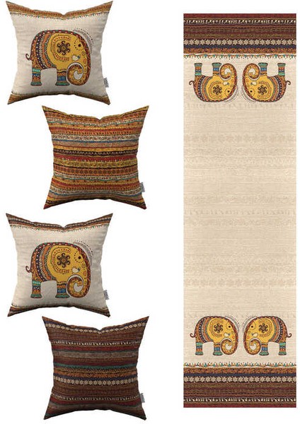 Turuncu Kahverengi Etnik Fil Desenli 4lü Kırlent Kılıfı 1 Runner Seti 4KMBS306-RS-1