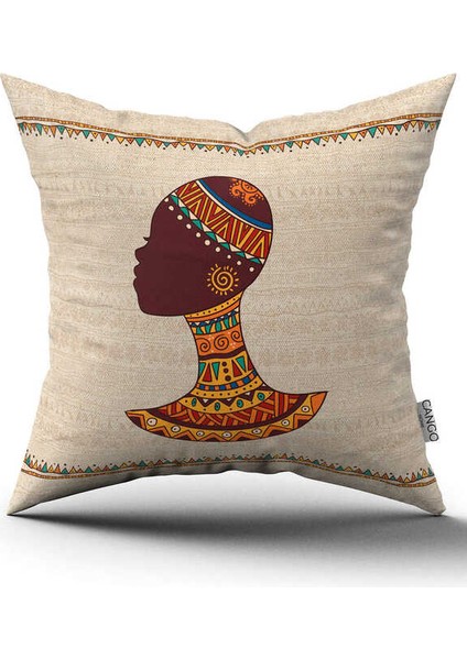 Krem Etnik Afrika Kadın Figürlü Dijital Baskılı Kırlent Yastık Kılıfı -CGH1260