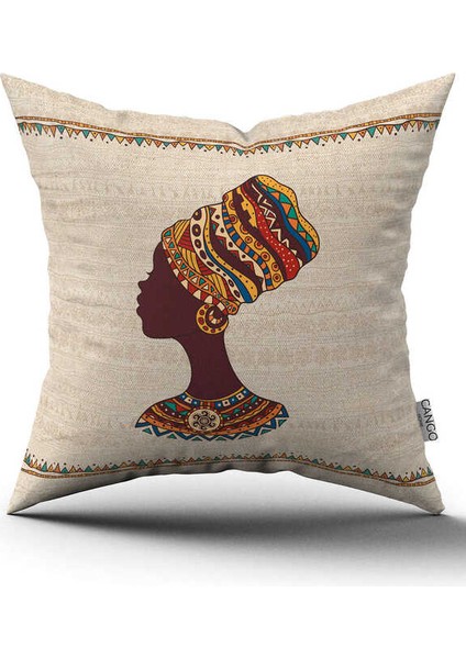 Çift Taraflı Krem Etnik Afrika Kadın Figürlü Dijital Baskılı Kırlent Yastık Kılıfı -CGH1257-CT