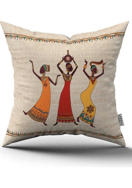 Çift Taraflı Krem Etnik Afrika Kadın Figürlü Dijital Baskılı Kırlent Yastık Kılıfı -CGH1258-CT