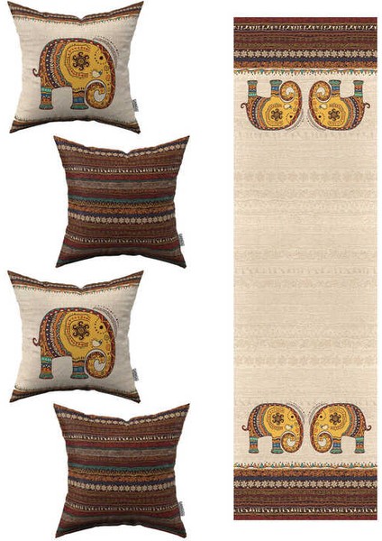 Krem Kahverengi Etnik Fil Desenli 4lü Kırlent Kılıfı 1 Runner Seti 4KMBS300-RS-1