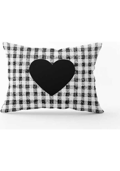 Siyah Beyaz Ekose Kalp Desenli Dijital Baskılı Kırlent Kılıfı CGH1008-3550 Çift Tarafı Baskılı