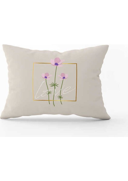 Krem Love Yazılı Çiçek Desenli Dijital Baskılı Kırlent Kılıfı CGH1014-3550 Çift Tarafı Baskılı