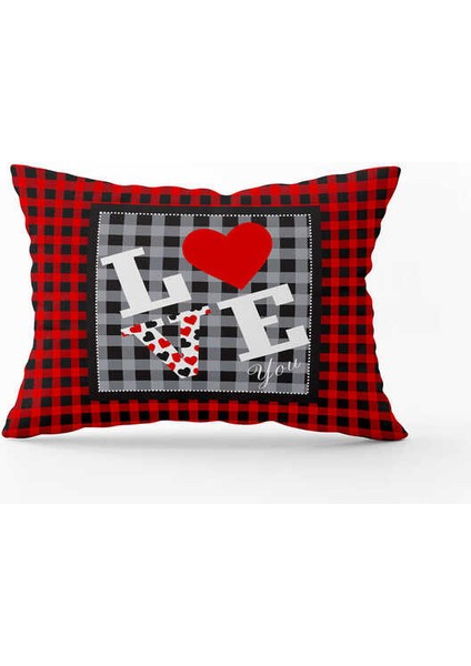 Kırmızı Siyah Ekose Sevgililer Günü Temalı Dijital Baskılı Kırlent Kılıfı CGH1020-3550 Çift Tarafı Baskılı