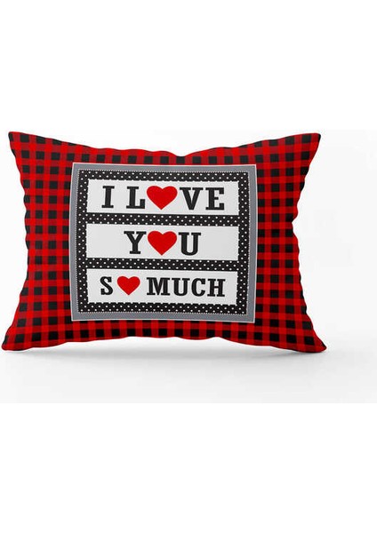 Kırmızı Siyah Ekose Sevgililer Günü Temalı Dijital Baskılı Kırlent Kılıfı CGH1022-3550 Çift Tarafı Baskılı