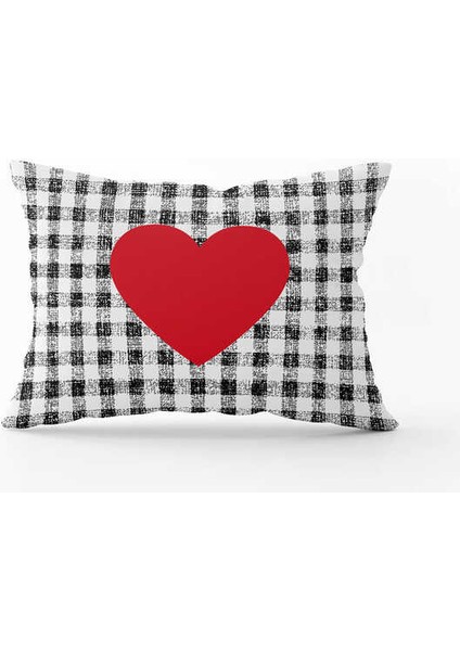 Beyaz Siyah Ekose Kalp Desenli Dijital Baskılı Kırlent Kılıfı CGH1028-3550 Çift Tarafı Baskılı