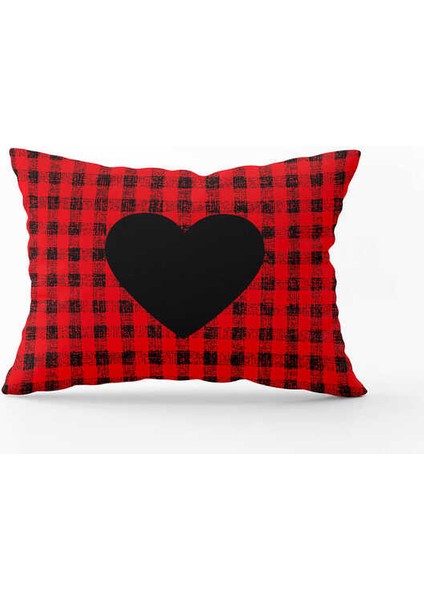 Kırmızı Siyah Ekose Kalp Desenli Dijital Baskılı Kırlent Kılıfı CGH1029-3550 Çift Tarafı Baskılı