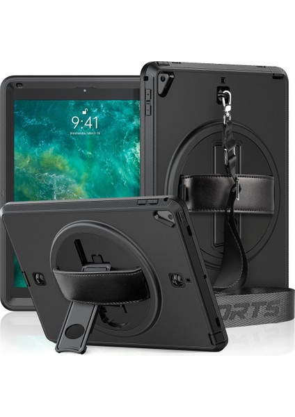 Apple iPad 9.7 (2017) Kılıf Boyun Askılı Standlı Tank Kapak Zipax-Azn-Strap-C