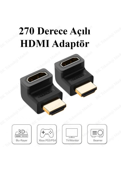 BK Teknoloji 270 Derece HDMI Dirsek Adaptör HDMI Erkek/dişi L Çevirici