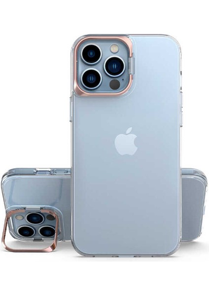 iPhone 14 Pro Kılıf Şeffaf Lens Metal Standlı Skuba Silikon