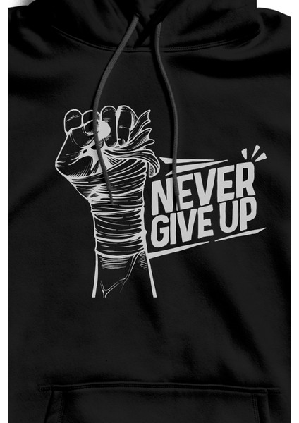 The Baskı Siyah Never Give Up Yazı Baskılı Kanguru Cepli Kapüşonlu Içi Polar Hoodie