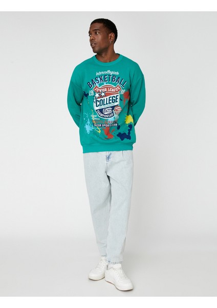 Kolej Baskılı Oversize Sweatshirt Şardonlu Kapşonlu