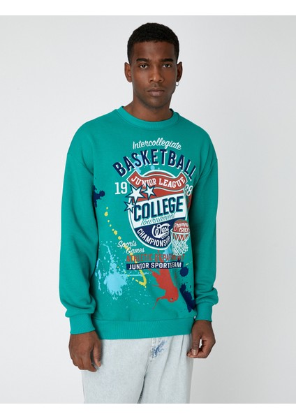 Kolej Baskılı Oversize Sweatshirt Şardonlu Kapşonlu