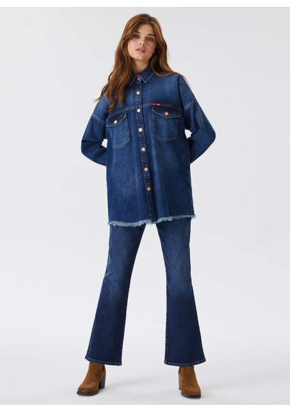 Gömlek Yaka Düz Kadın Denim Gömlek 231 Lcf 141001 Alıce 1 Denım