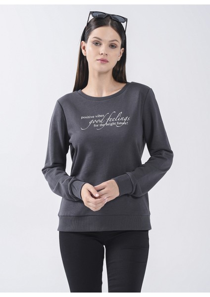 Bisiklet Yaka Baskılı Füme Kadın Sweatshirt 22K0375K1
