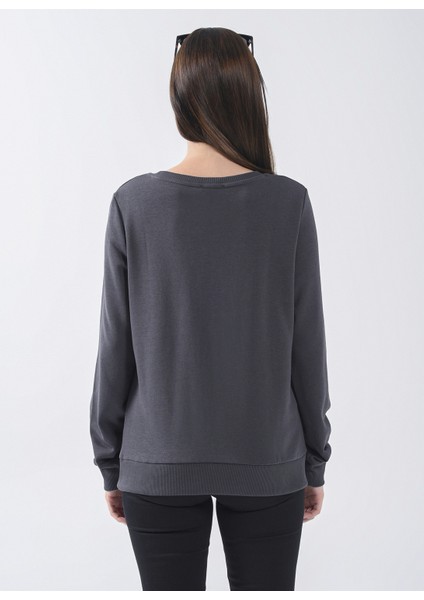 Bisiklet Yaka Baskılı Füme Kadın Sweatshirt 22K0375K1 fırsatları