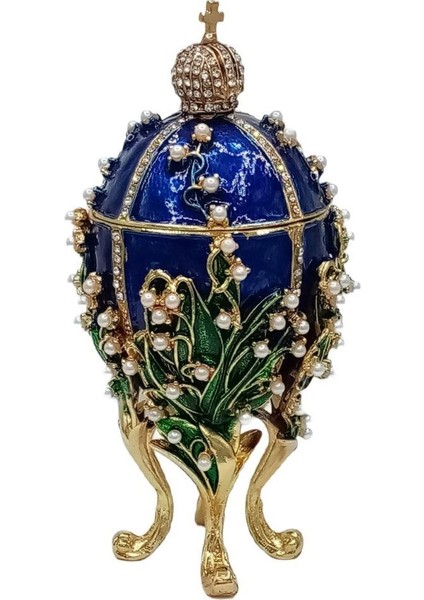 Dünyadan Hediyeler Faberge Yumurta Swarovski Taşlı Lüks Mücevher Kutusu Mavi 14 cm