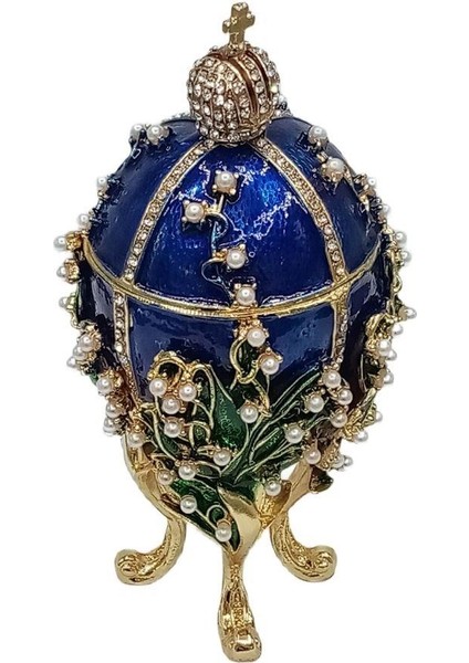 Dünyadan Hediyeler Faberge Yumurta Swarovski Taşlı Lüks Mücevher Kutusu Mavi 14 cm