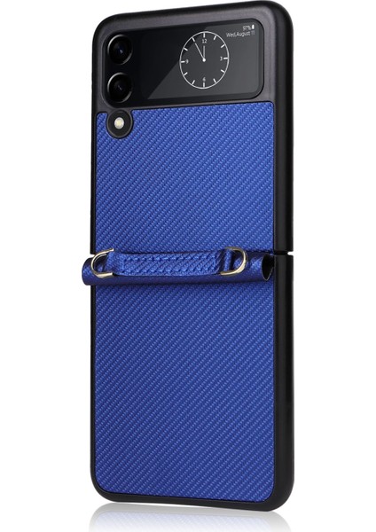 Samsung Galaxy Z Flip4 Için Twill Doku Deri Deri Telefon Kılıfı Mavi (Yurt Dışından)