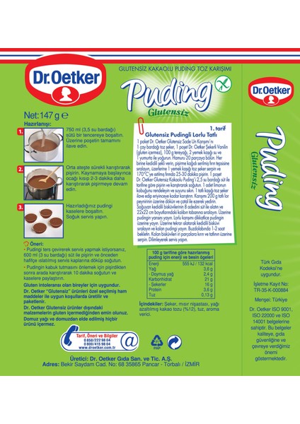 Dr.Oetker Glutensiz Kakaolu Puding 147 gr