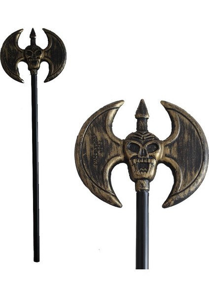 Eskitme Altın Renk Plastik Halloween Çift Taraflı Balta 50 cm Yetişkin Çocuk