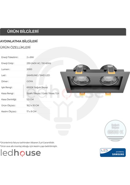 2x8 W Ikili Kare Smd LED Sıva Altı Spot Lamba Tavan Armatür ( Titanium Kasa - 6500K Beyaz Işık )