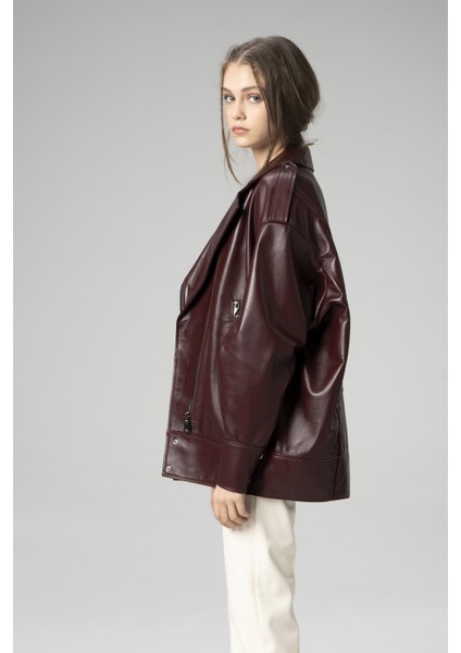 WM019 Oversize Biker Deri Kadın Mont