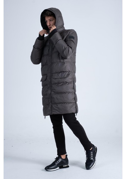 Kapüşonlu Fermuarlı Şişme Erkek Mont