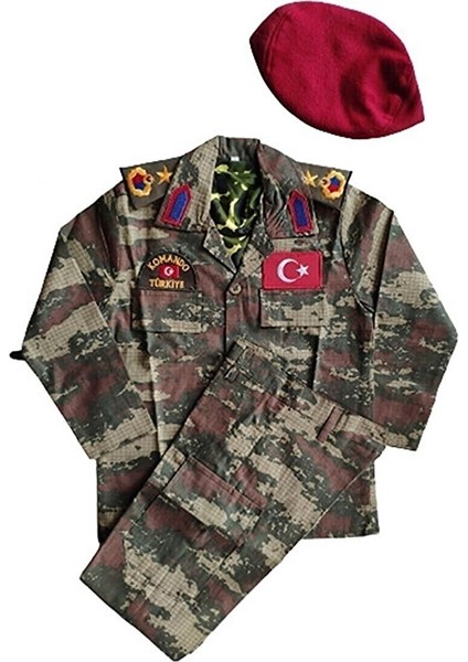 Erkek Çocuk Bordo Bereli Asker Komando Kıyafeti | 1-2 Yaş | Kamuflaj Kostüm Takımı