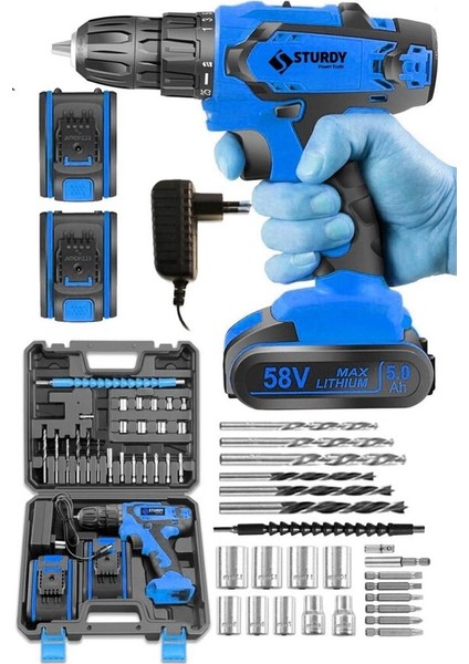 58V 6AH Lıon Çift Akülü Turbo Şarjlı Vidalama Matkap 27 Parça Uç Setli