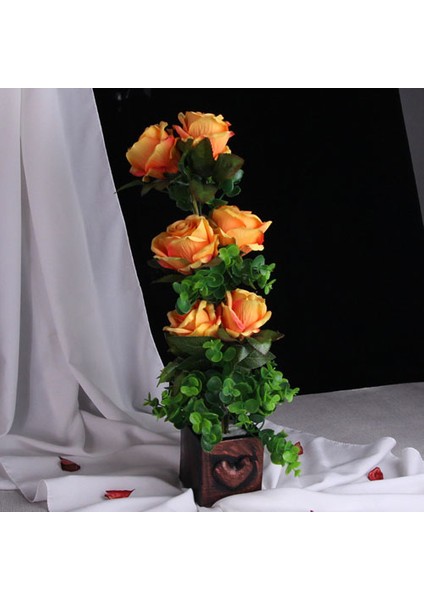 Çiçek Taş Rose Gölgeli Saksı Kalpli Sarı Ateş Renkli Güller 6 Adet Yapay Yeşil Çiçeklerle Sarılı