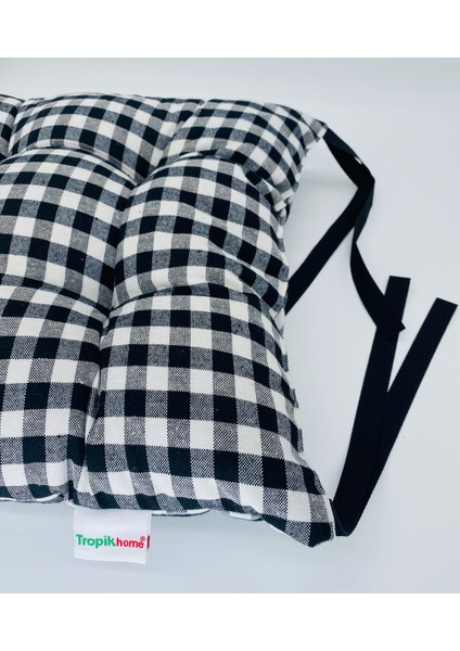 Tropik Home Lüx Pofidik Ekose Siyah Sandalye Minderi Özel Dikişli Bağcıklı Minder 35X35CM Kare Sandalye Minderi