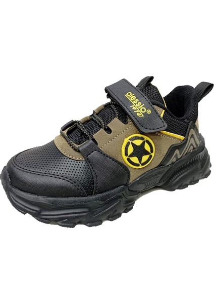 T021 Deri Sneakers Çocuk Spor Ayakkabı 31-35 Siyah Vizon Sarı