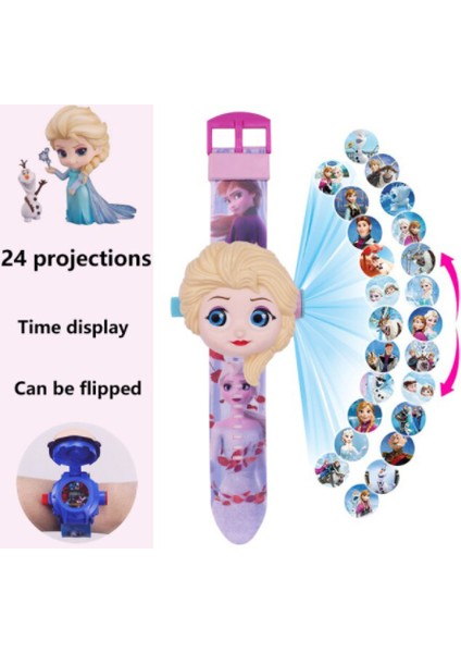 Jıngba Prenses Elsa Projeksiyonlu 24 Resim Işıklı Mor Pembe Dijital Çocuk Saat fiyatları