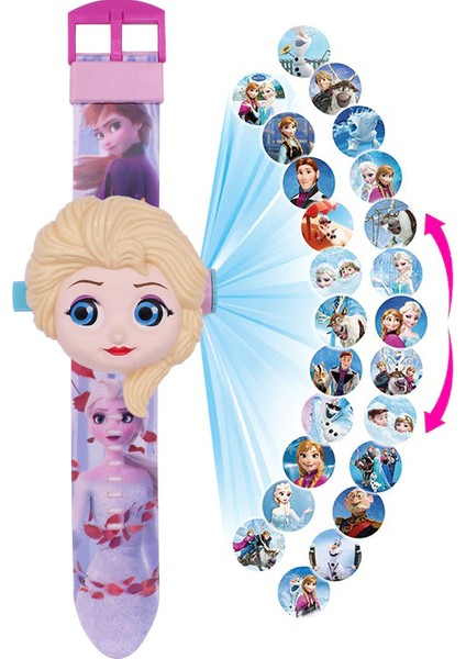 Jıngba Prenses Elsa Projeksiyonlu 24 Resim Işıklı Mor Pembe Dijital Çocuk Saat