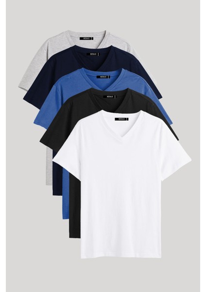 Metalıc Erkek Çok Renkli T- Shirt Regular Fit Rahat Kesim V Yaka 5'li Basic Tişört Paketi