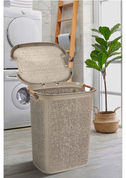 Tuffex Woow Desen Ahşap Kulplu Antistatik Kirli Çamaşır Sepeti 60 Lt - Latte