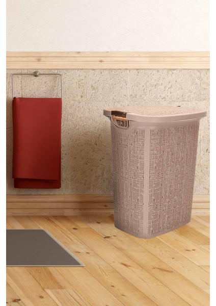 Tuffex Woow Desen Ahşap Kulplu Antistatik Kirli Çamaşır Sepeti 60 Lt - Latte