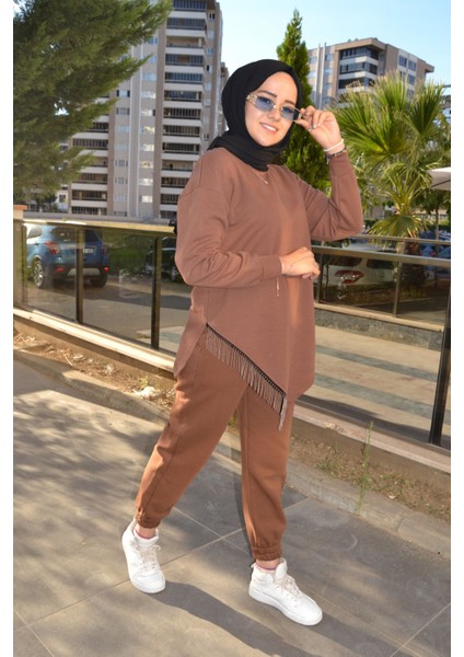 Kahverengi Zincir Detay Bisiklet Yaka Uzun Sweat modelleri