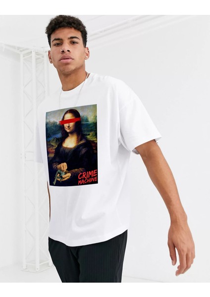 Unisex Monalisa Crime Oversize Tshirt Beyaz