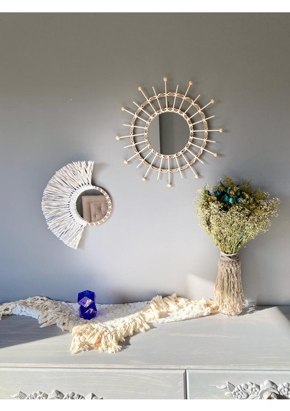 Wall Art Beyaz Rafya ve Bambu Ayna Duvar Dekorasyon Ürünü 2’li Set
