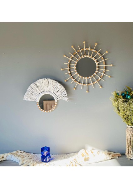 Wall Art Beyaz Rafya ve Bambu Ayna Duvar Dekorasyon Ürünü 2’li Set modelleri