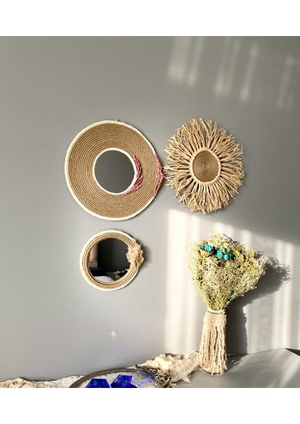 Wall Art Rafya ve Hasır Ayna Dekorasyon Ürünü 3’lü Set