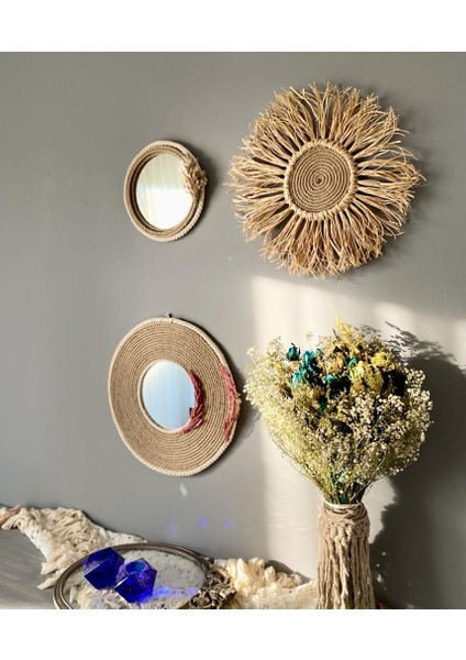 Wall Art Rafya ve Hasır Ayna Dekorasyon Ürünü 3’lü Set
