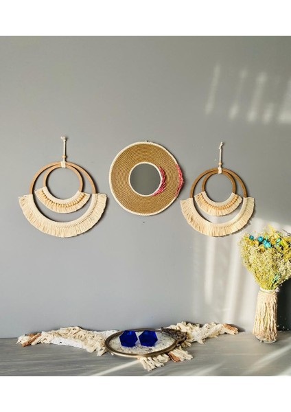 Wall Decoration Art Bohem Makrome ve Hasır Ayna Duvar Dekorasyon Ürünü 3’lü Set