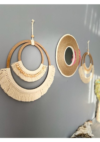 Wall Decoration Art Bohem Makrome ve Hasır Ayna Duvar Dekorasyon Ürünü 3’lü Set
