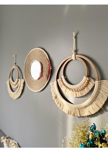 Wall Decoration Art Bohem Makrome ve Hasır Ayna Duvar Dekorasyon Ürünü 3’lü Set