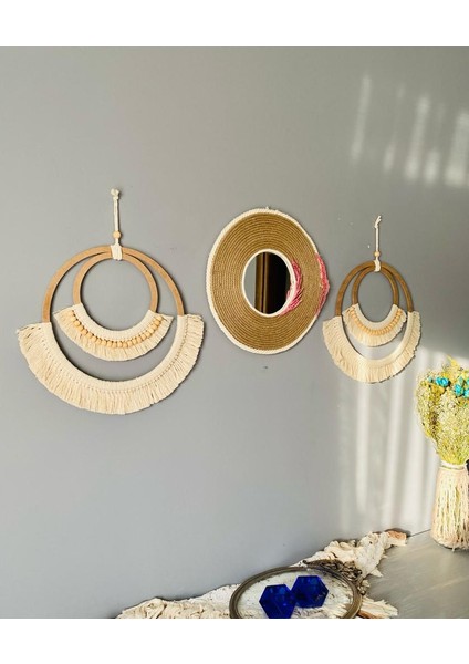 Wall Decoration Art Bohem Makrome ve Hasır Ayna Duvar Dekorasyon Ürünü 3’lü Set
