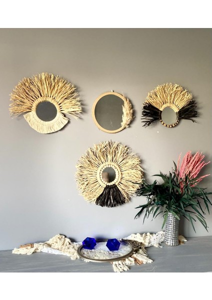 Wall Decoration Art Bohem Makrome ve Rafya Ayna Duvar Dekorasyon Ürünü 4’lü Set